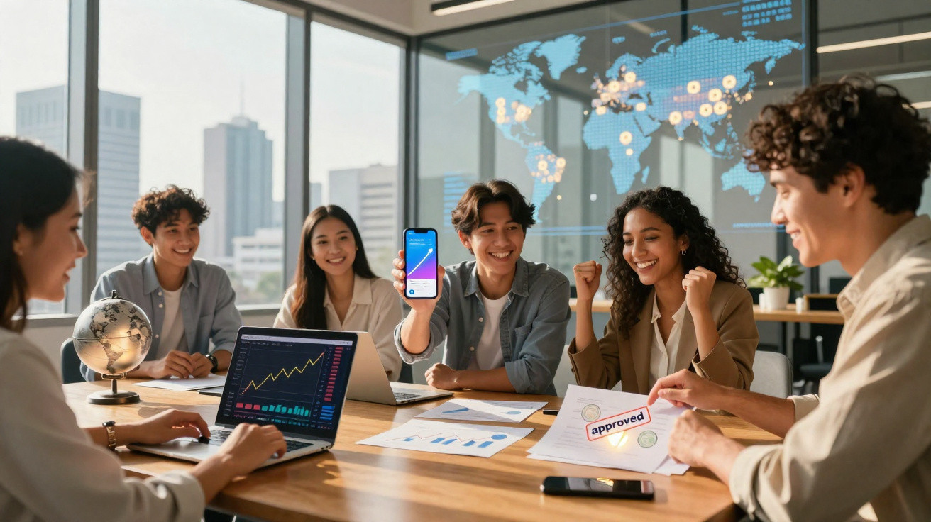 Diverse group of young professionals in a meeting room celebrating approval with charts and a world map display.