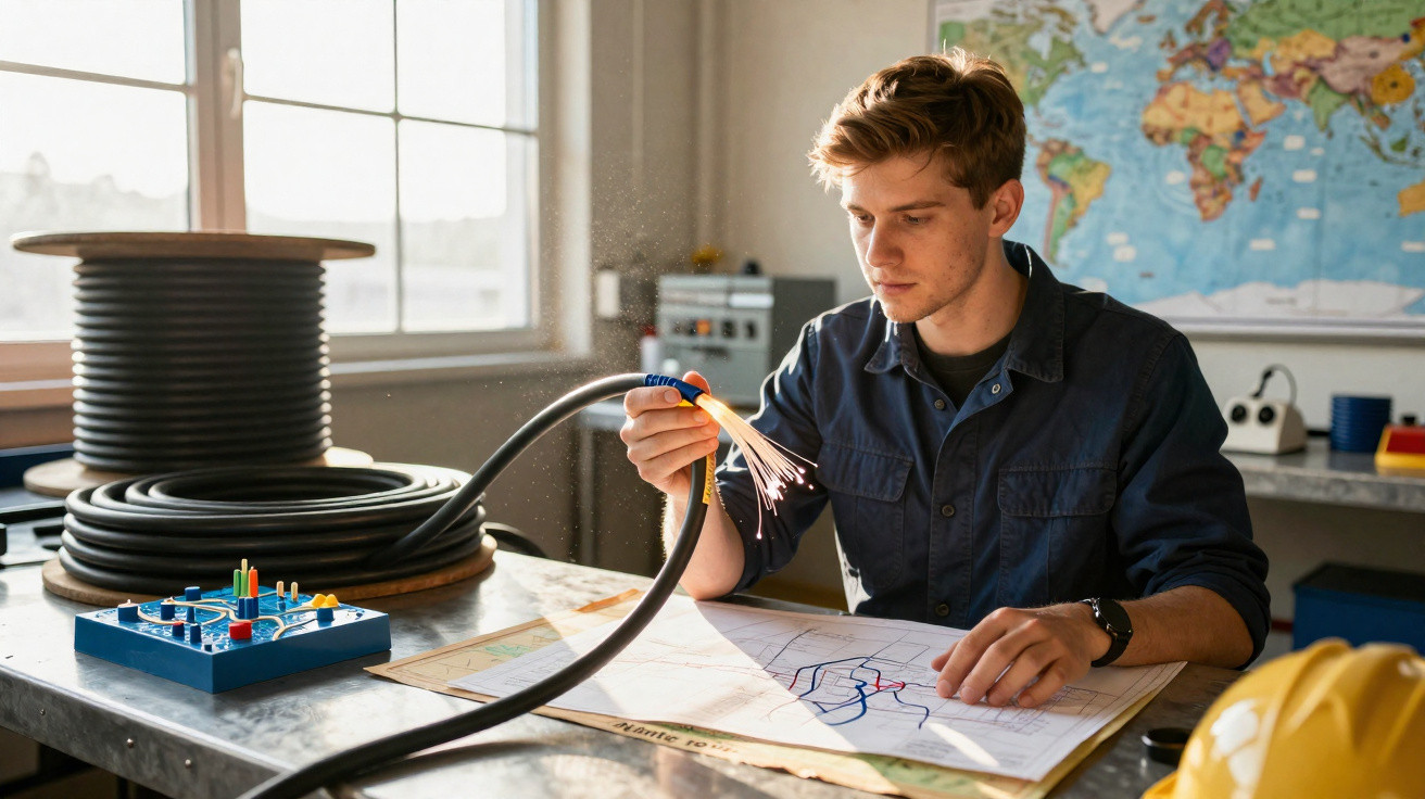 Young male engineer examining fibre optic cable ends while studying a technical drawing at a workbench.