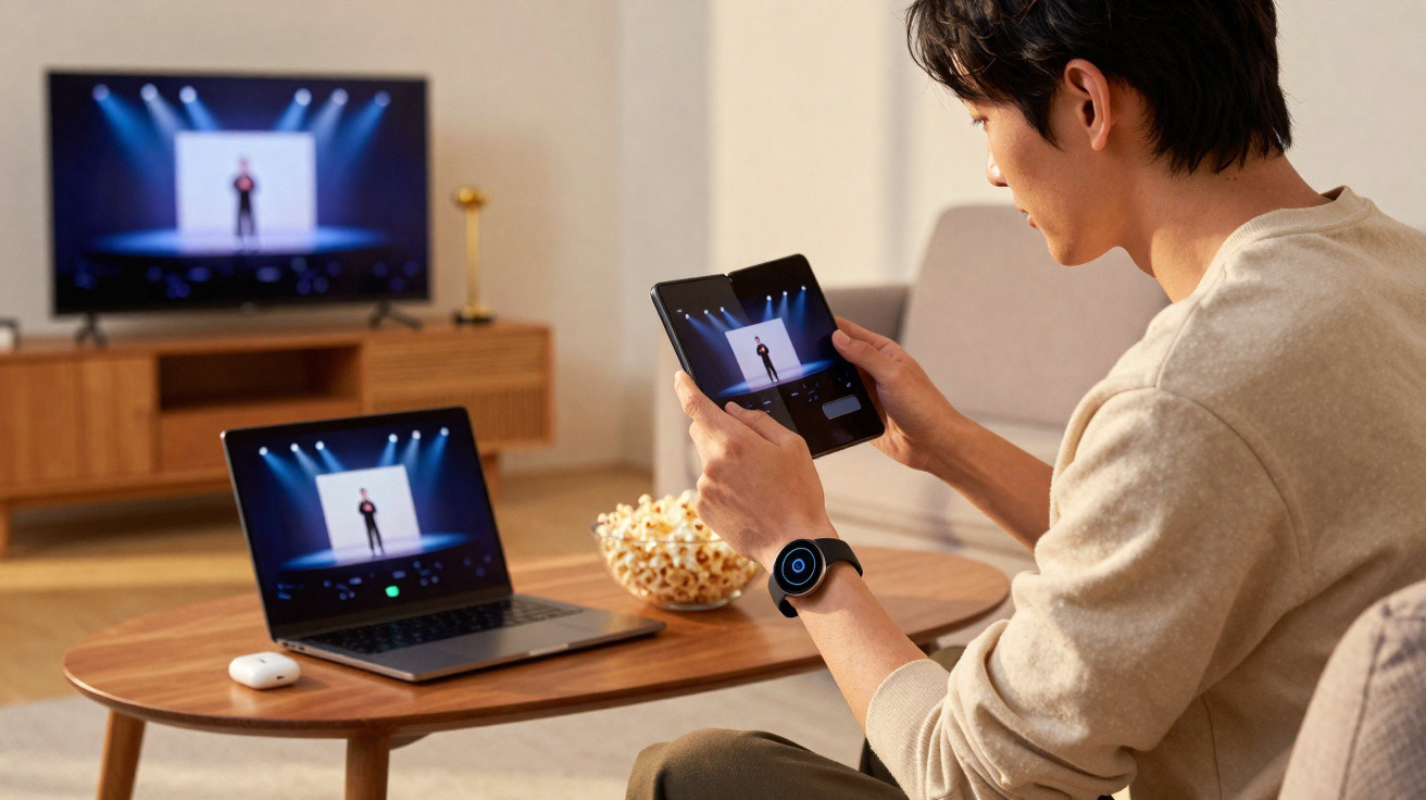 Man watching a performance on a tablet, laptop, and TV while sitting at a table with a bowl of popcorn.