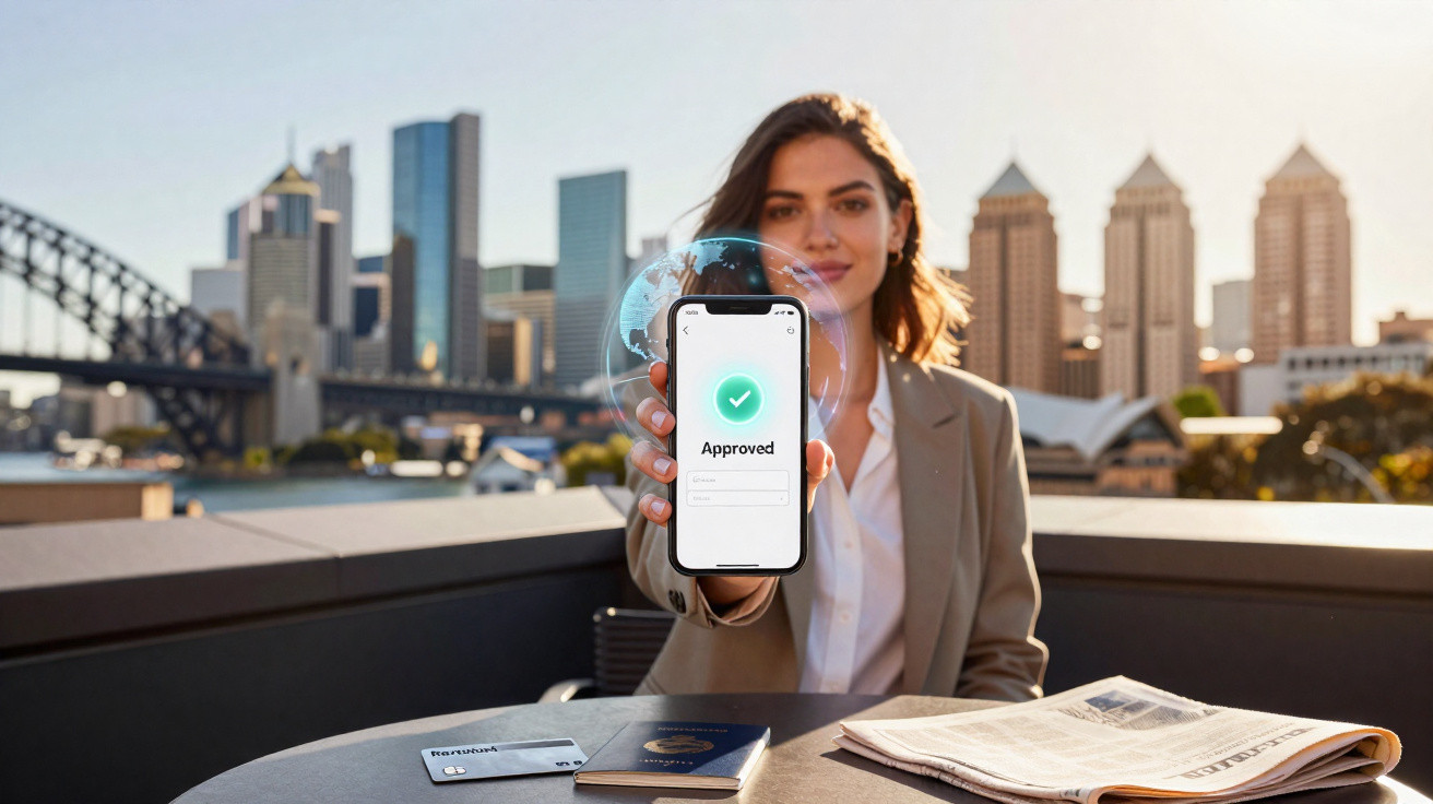 Businesswoman showing smartphone with approved message on screen, city skyline in background.
