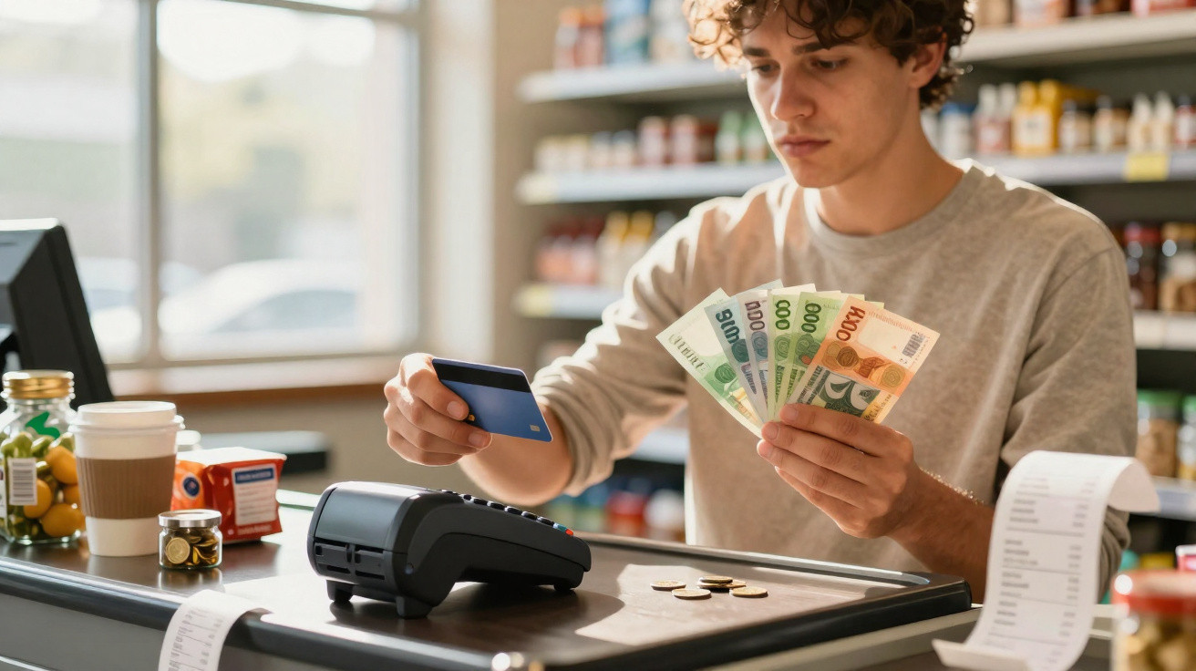 Young man holding cash and a credit card ready to make a payment at a grocery store checkout.