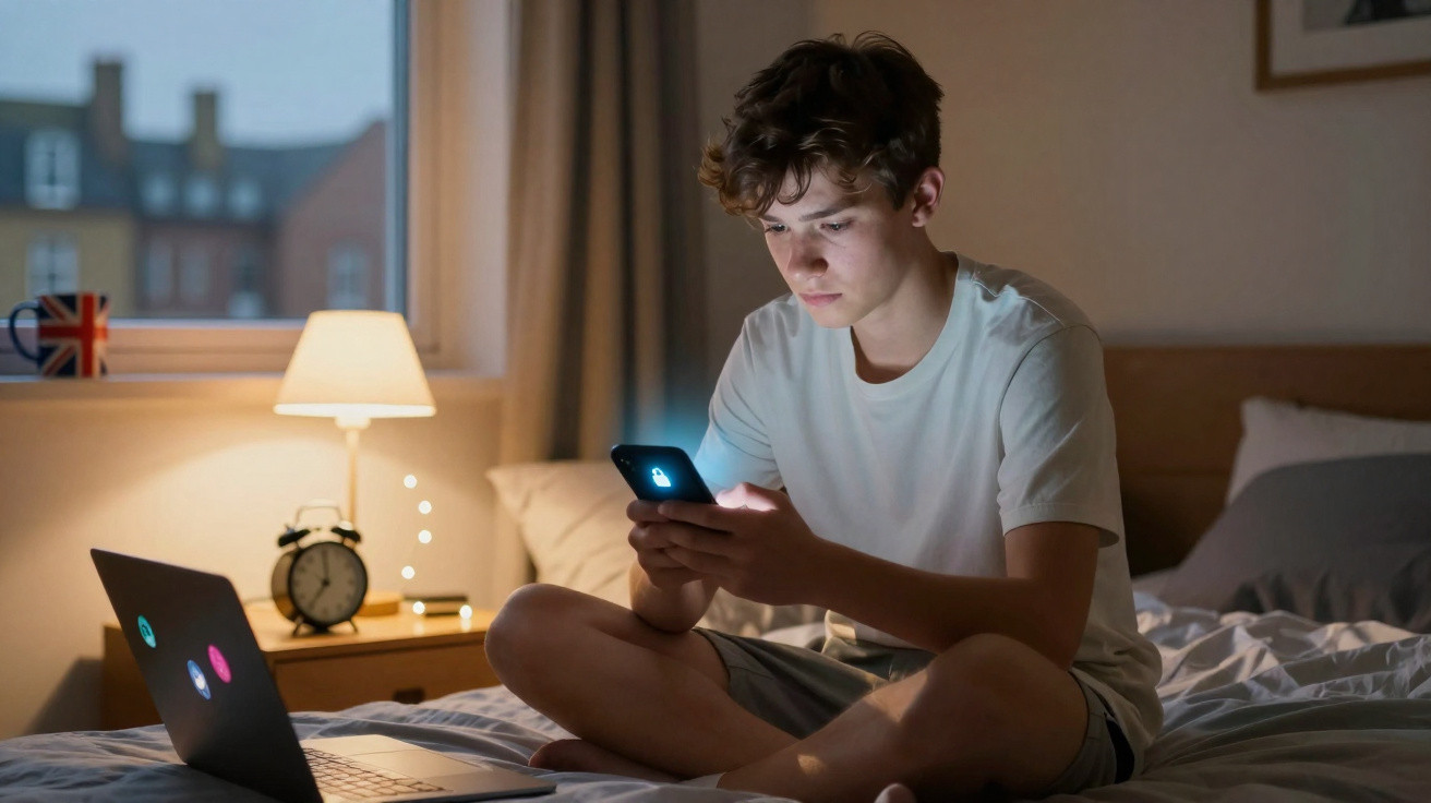Teenage boy sitting cross-legged on bed using phone with laptop and lamp on bedside table in evening.