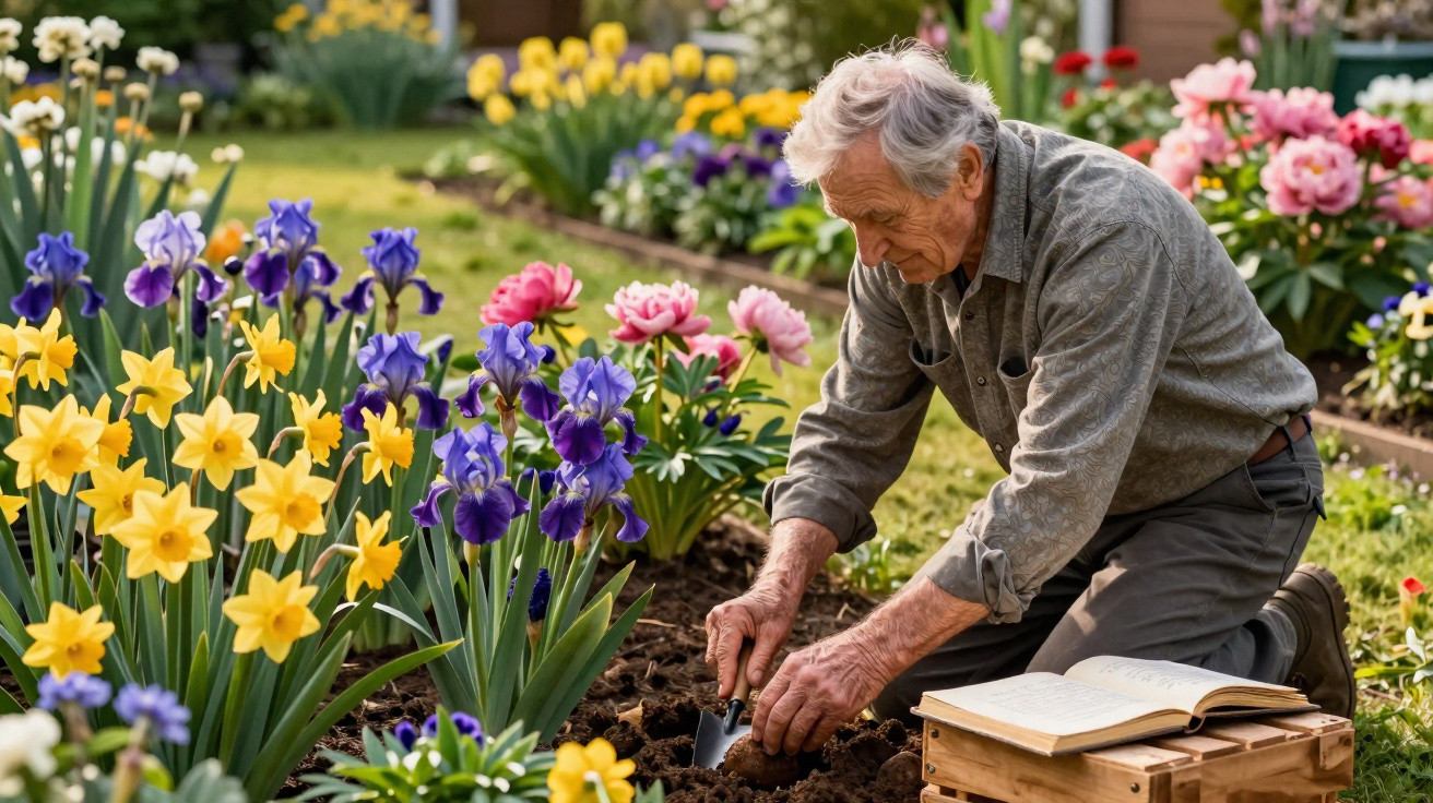 Elderly man planting bulbs in a colourful garden bed surrounded by daffodils, irises, and pink flowers.