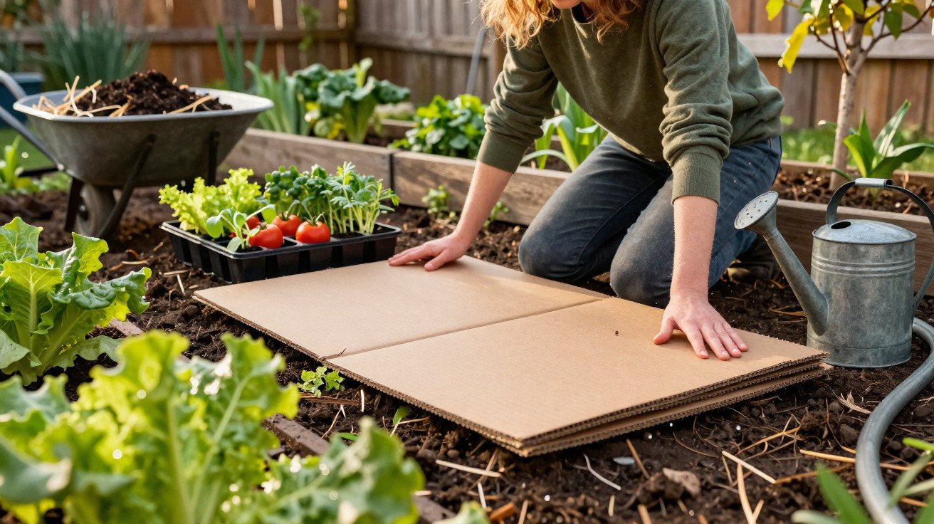 Person kneeling in garden placing flattened cardboard on soil beside seedlings, watering can, and wheelbarrow.