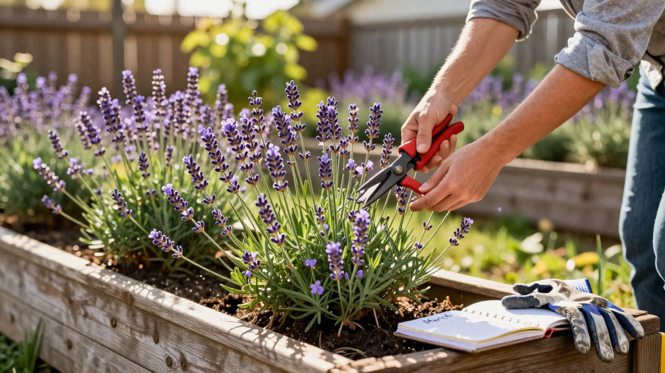 Person pruning lavender plants with garden shears in raised wooden garden bed on sunny day.