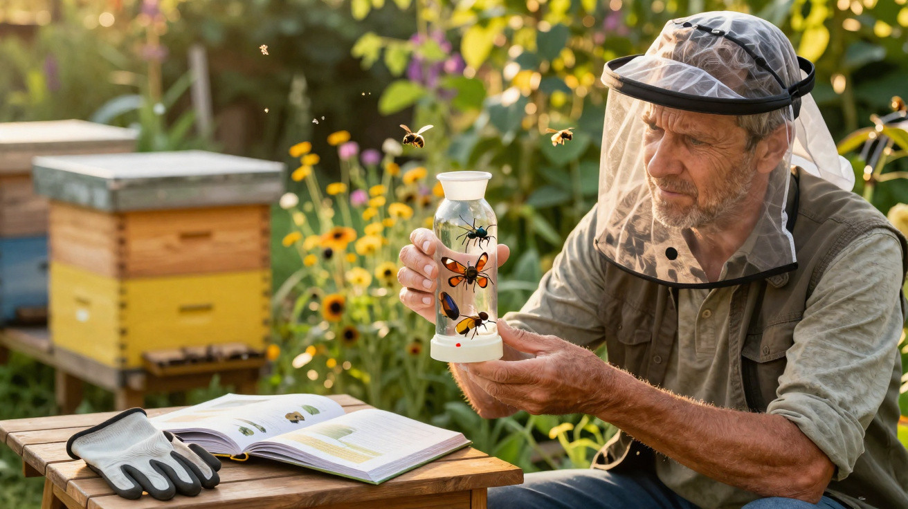 Beekeeper in protective gear studies a jar of insect specimens beside beehives and an open book outdoors.