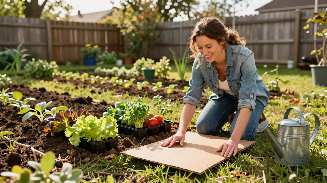 Woman kneeling in a garden beside seedlings and a watering can, preparing soil with a piece of cardboard.