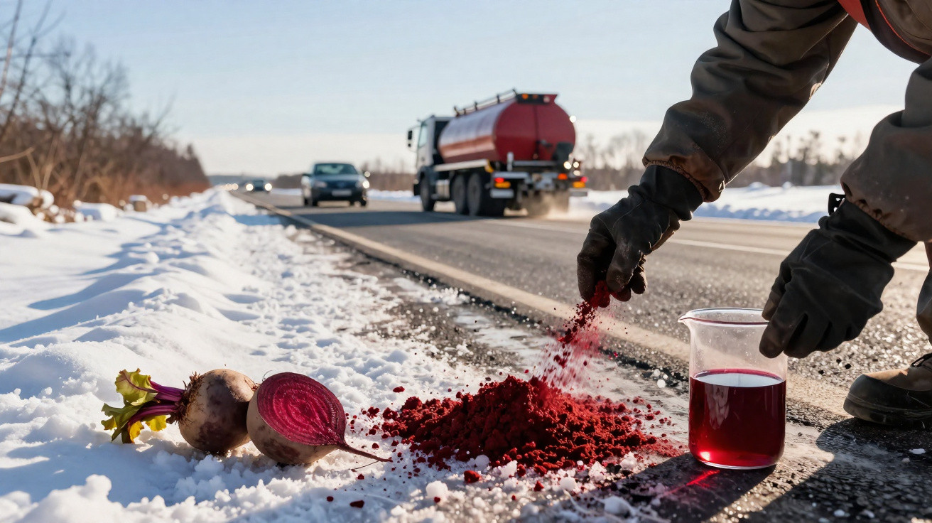 Person spreading red beet juice powder on snowy roadside near parked truck and passing vehicles.