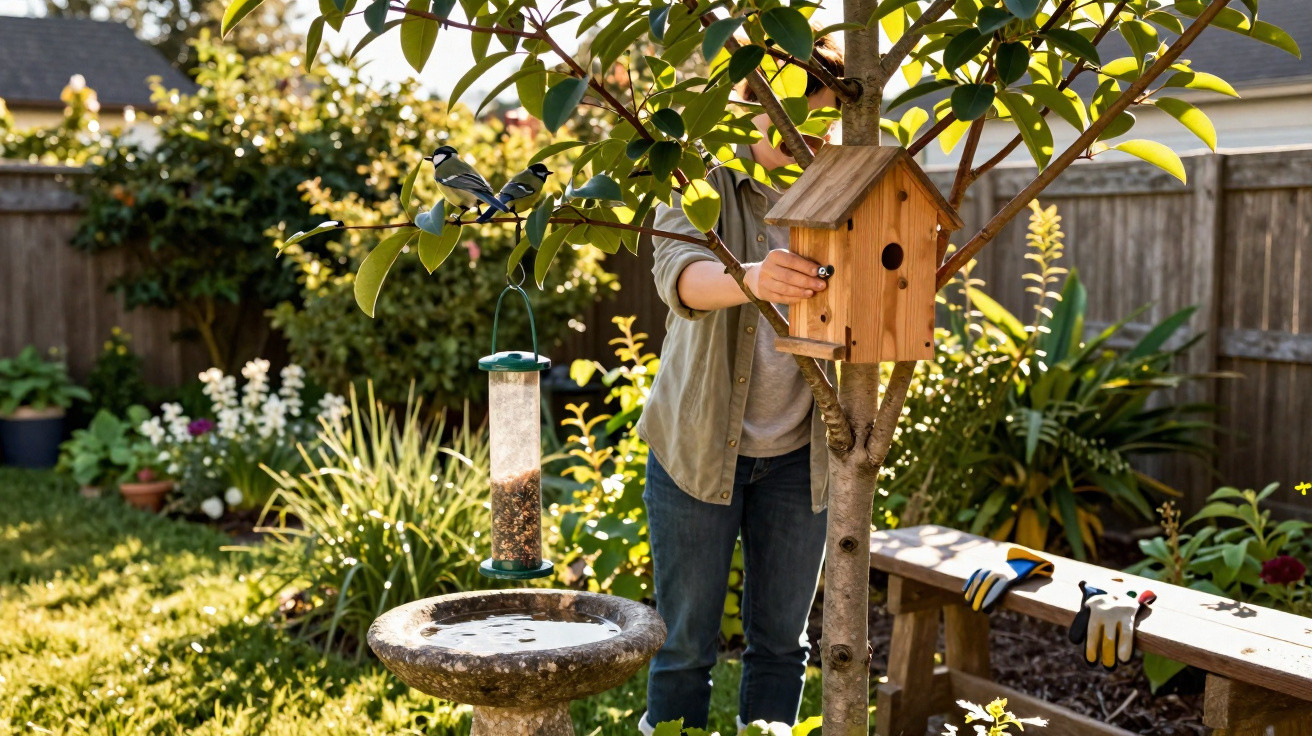 Person installing a wooden birdhouse on a small tree in a sunlit garden with bird feeder and birdbath nearby.