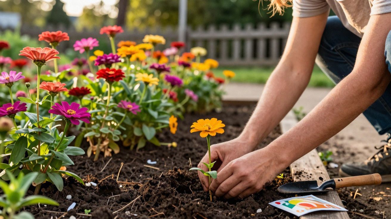 Person planting a yellow flower in a garden bed surrounded by colourful blooming flowers in daylight.