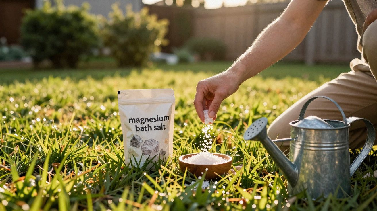 Hand sprinkling magnesium bath salt from a bag into a bowl outdoors next to a metal watering can on grass.