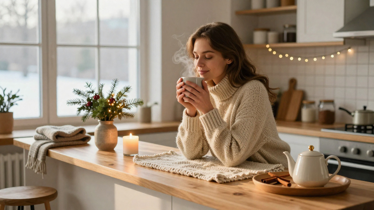 Woman in a cosy sweater enjoying a hot drink at a wooden kitchen counter with festive decorations and soft lighting.