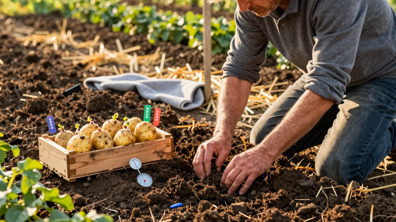 Man planting seed potatoes in soil with labelled potatoes and soil thermometer in garden patch.
