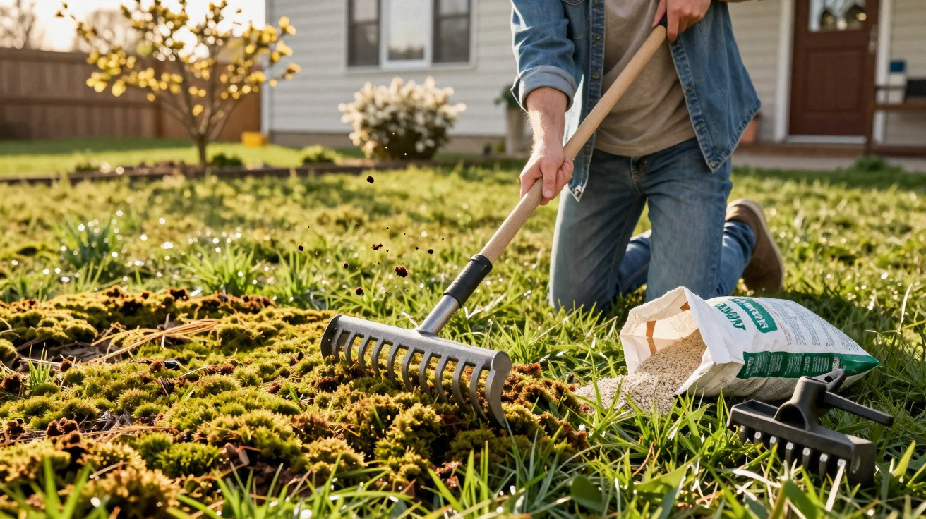 Person using a garden rake to spread fertiliser granules on a mossy lawn in a backyard garden.
