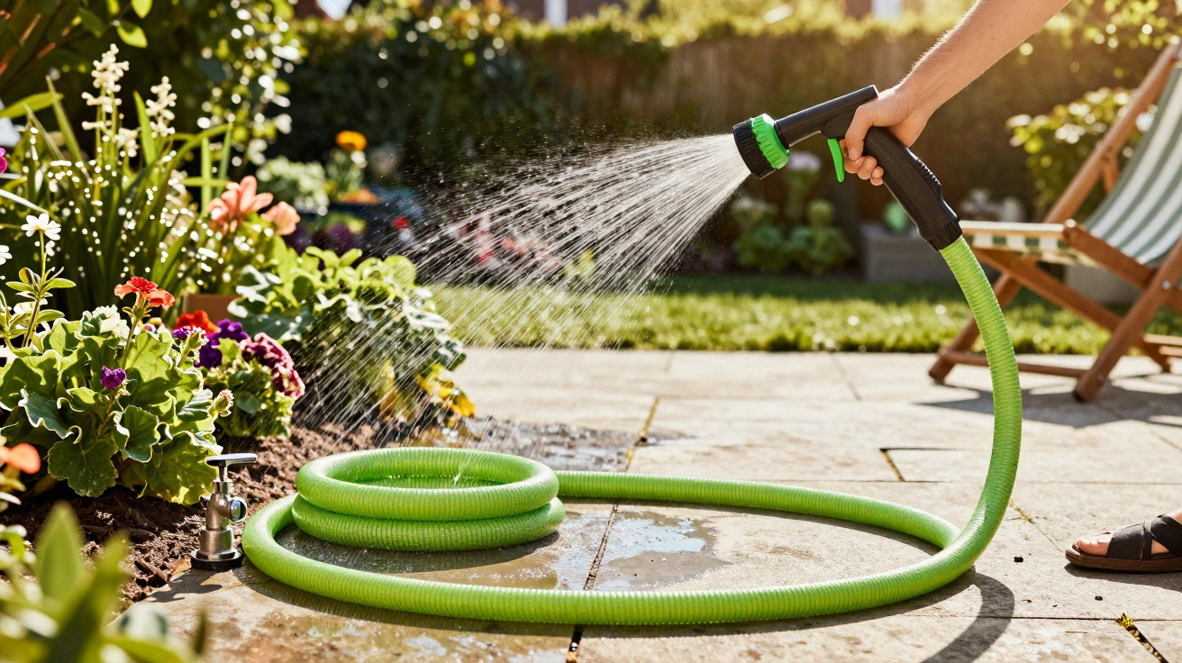 Person watering colourful flowers in garden using green hose on a sunny day.