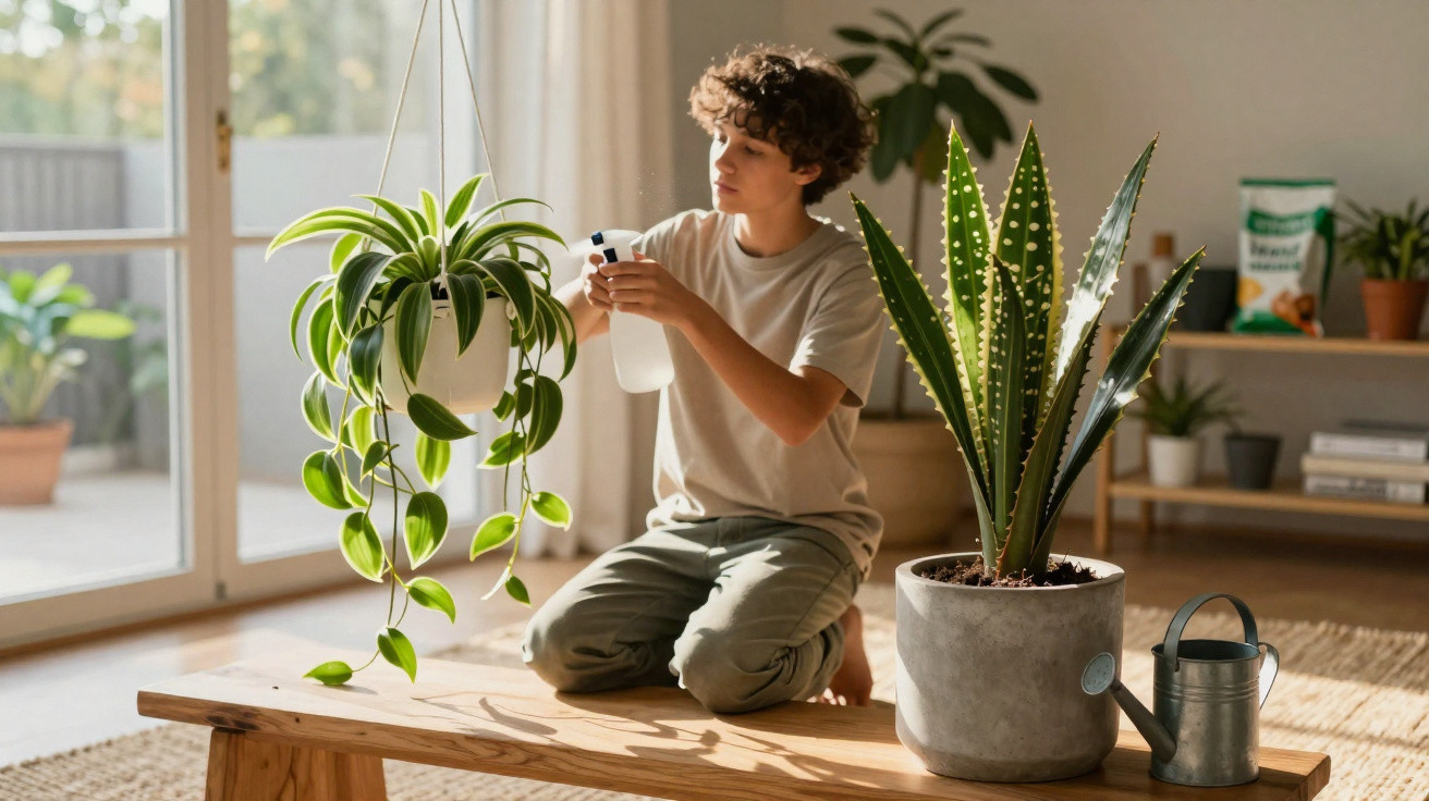 Young person spraying a hanging houseplant indoors with a water spray bottle on a wooden bench.