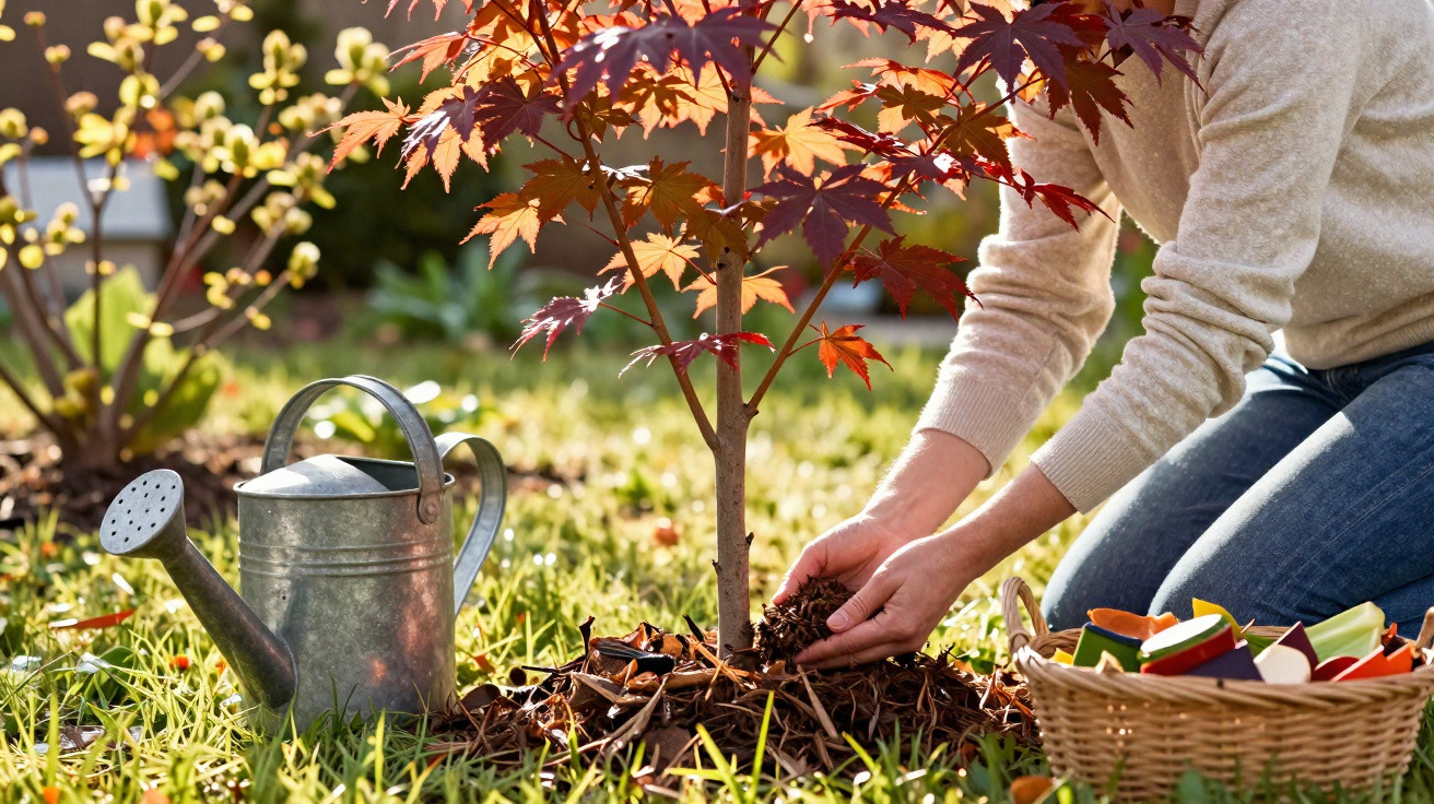 Person kneeling to mulch a small red maple tree in a garden with a watering can and basket of vegetable scraps nearby.