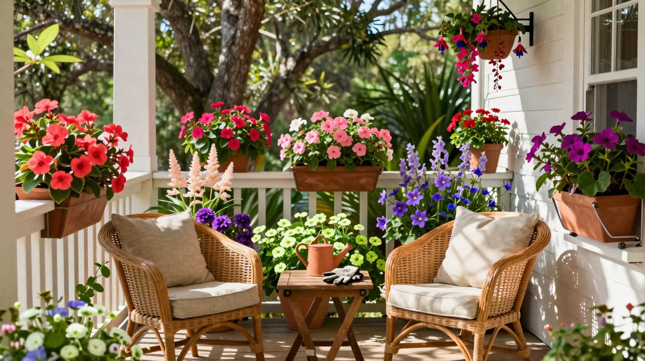 Sunlit porch with wicker chairs, a small table, gardening gloves, a watering can, and colourful flowering plants.