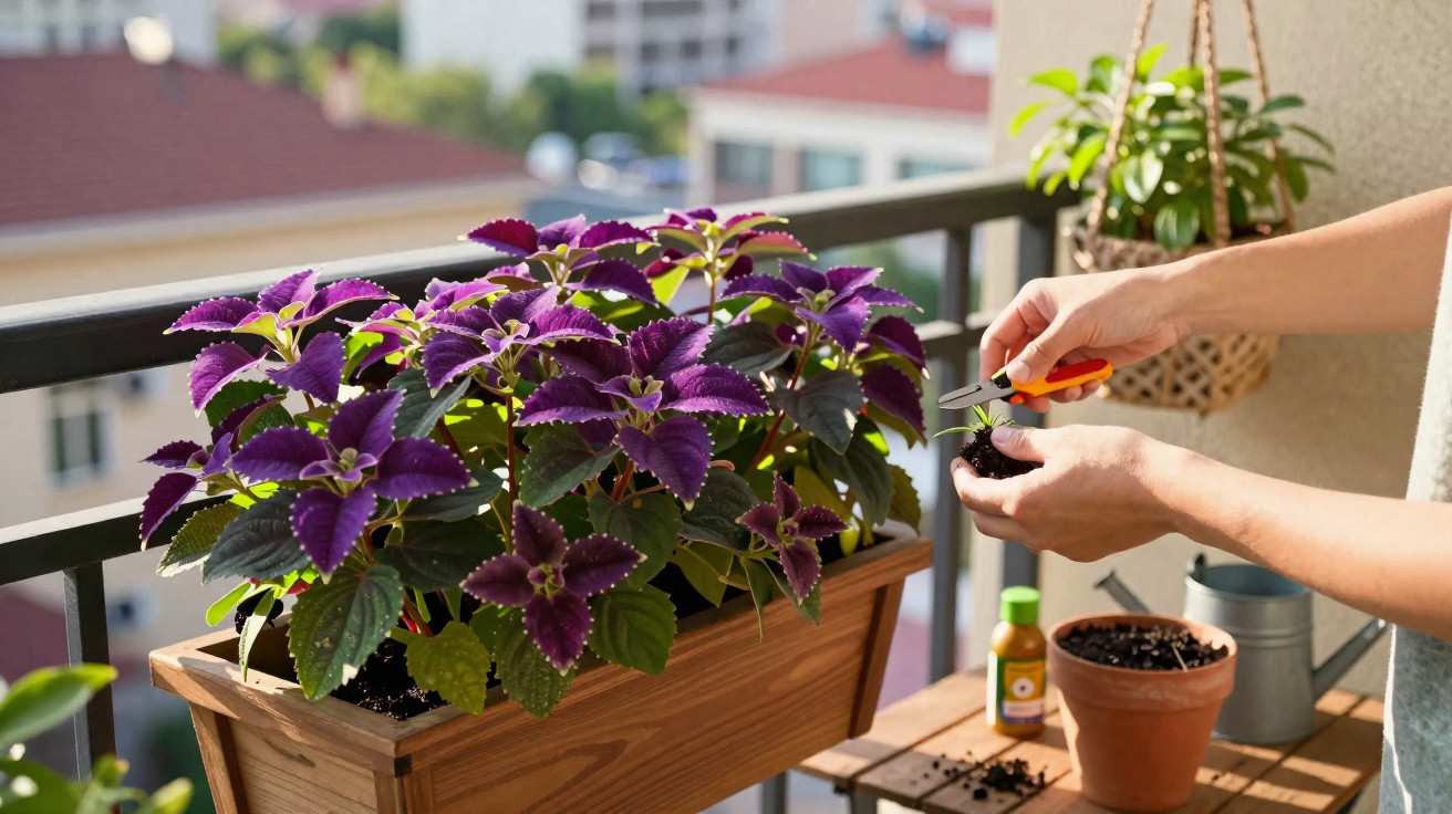 Hands pruning a purple-leafed plant on a sunny balcony with gardening tools and pots nearby.