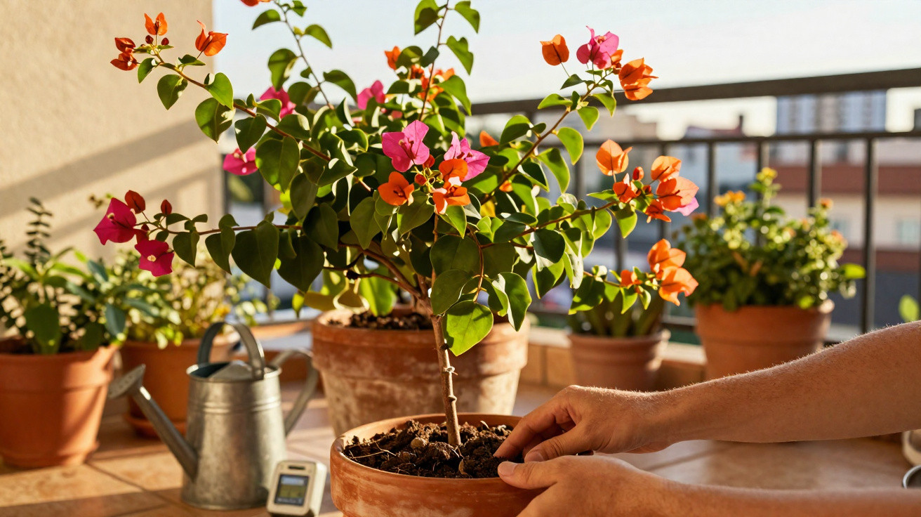 Hands tending to a flowering potted plant on a sunlit balcony with other plants and a watering can nearby