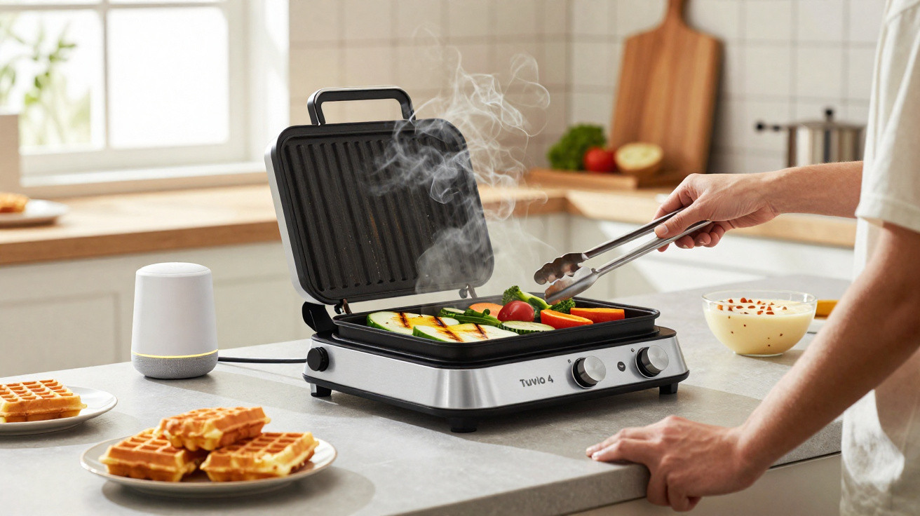 Electric grill cooking vegetables with a person using tongs in a bright kitchen setting.