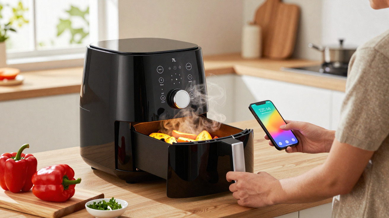 Person using a black air fryer with steaming cooked vegetables inside on a wooden kitchen countertop.