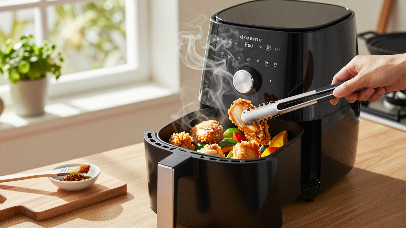 Hand using tongs to remove fried chicken from a steaming black air fryer on a kitchen counter.