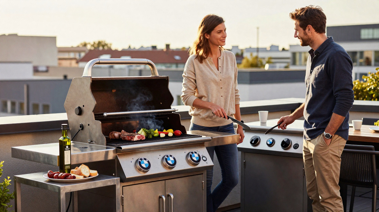 A man and woman grilling meat and vegetables on a rooftop barbecue in the evening.