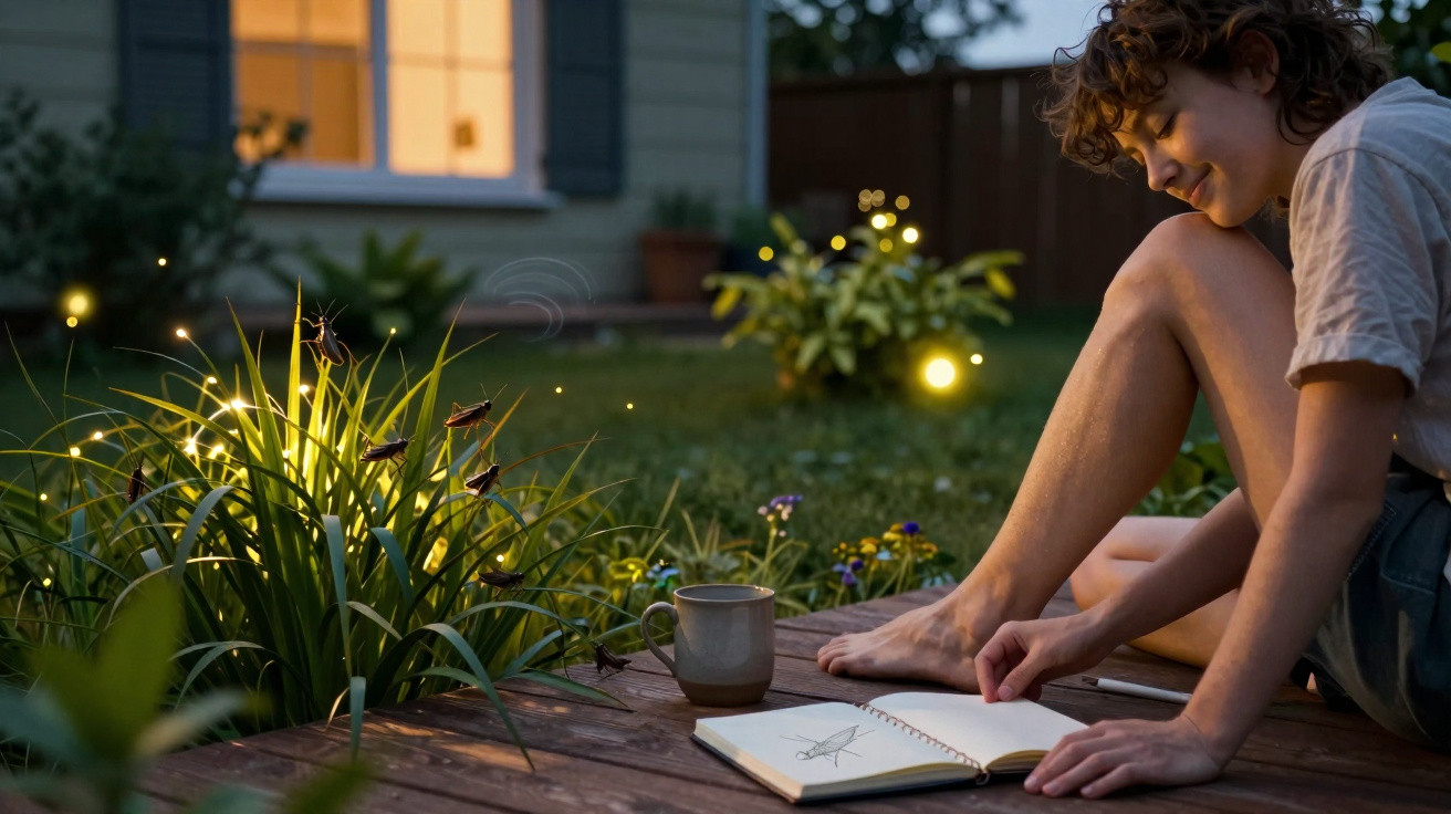 Person sitting on a wooden deck at dusk, sketching in a notebook, surrounded by glowing fireflies and garden plants.