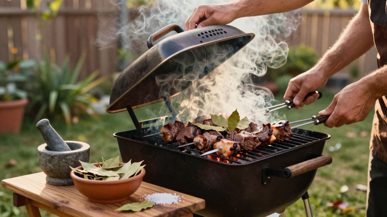 Hands lifting grill lid and turning meat skewers on a smoky barbecue in a garden setting.