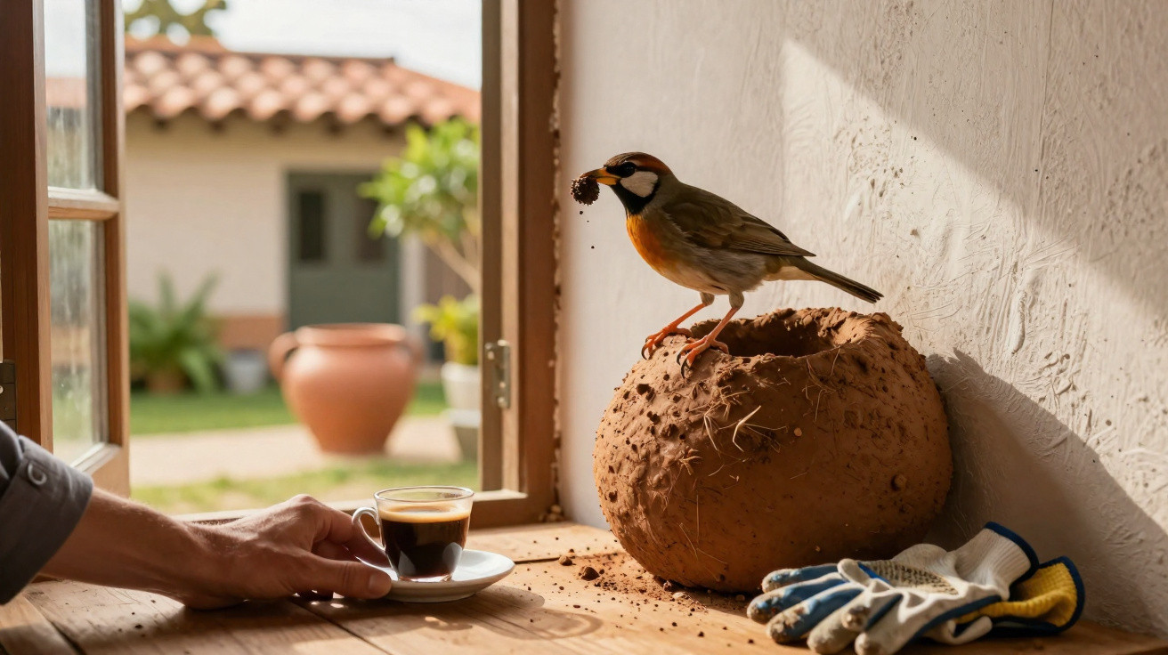 A bird perched on a mud nest on a windowsill with a hand holding a cup of coffee nearby and gardening gloves beside it.