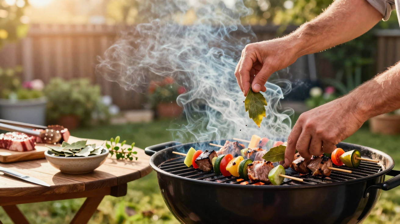 Hands placing bay leaves on colourful vegetable and meat skewers cooking on a charcoal barbecue grill outdoors.