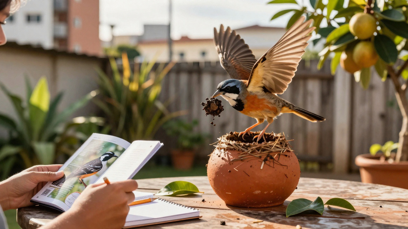 Person studying a bird guidebook while observing a bird building a nest in a clay pot outdoors.