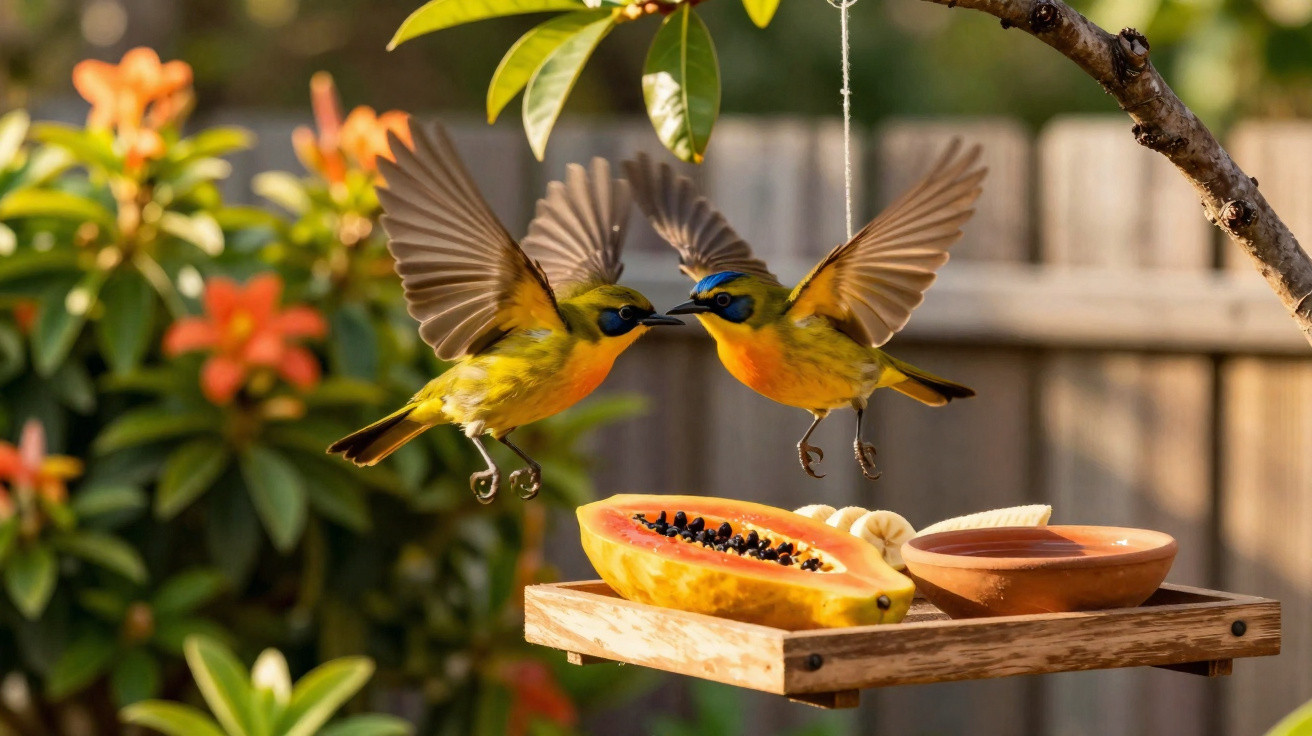 Two colourful birds with orange, yellow, and blue feathers flying near a wooden bird feeder with fruit.