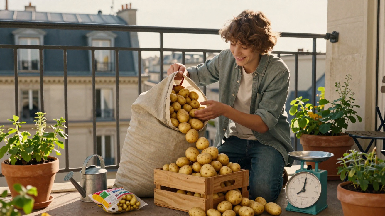 Young person pouring small potatoes from a large sack into a wooden crate on a balcony garden.
