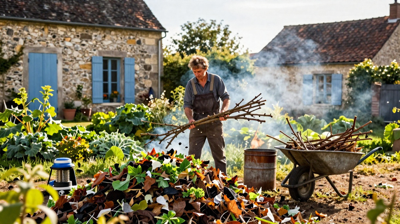 Man burning garden waste including dry leaves and branches near stone cottages on a sunny day