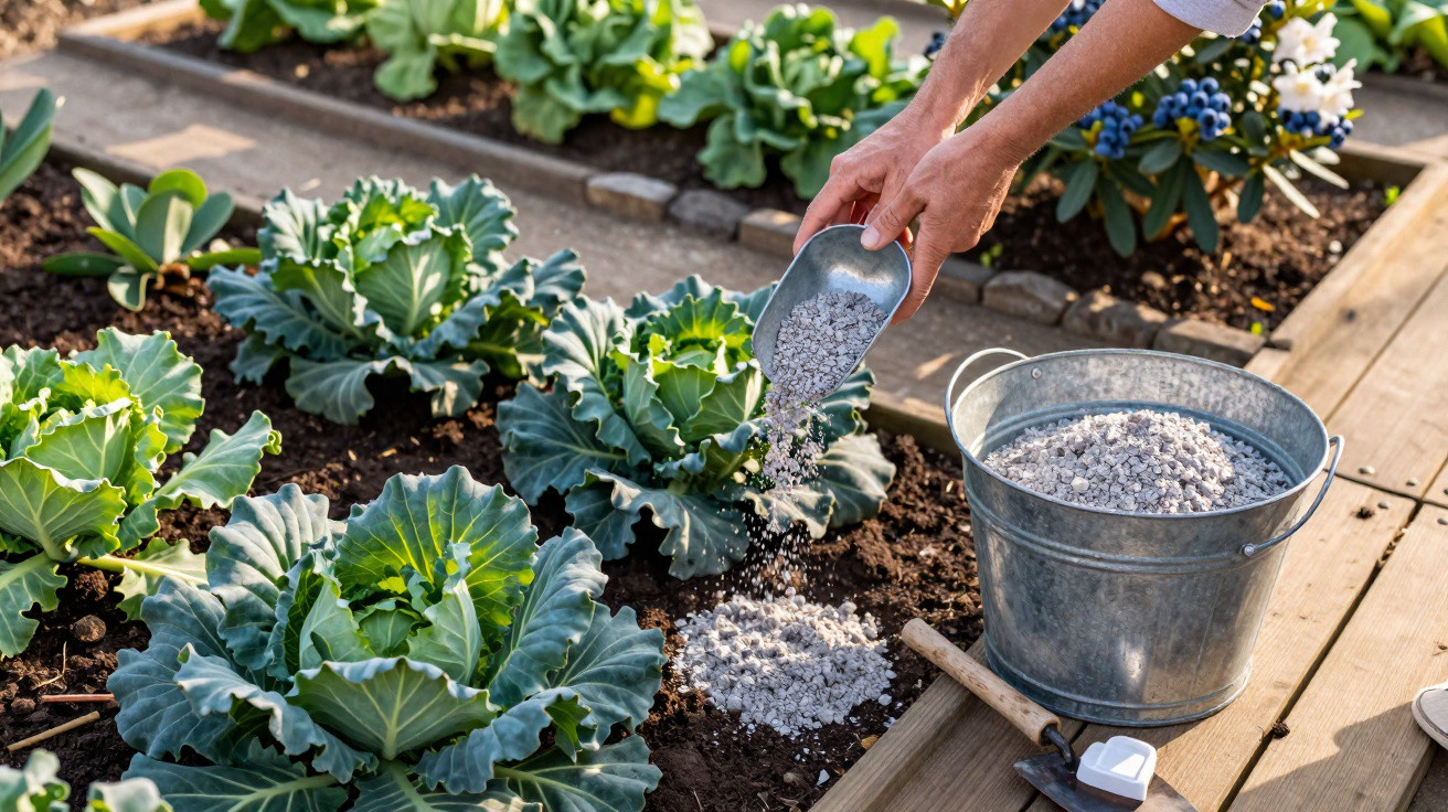Person spreading granular fertiliser on soil around green leafy cabbage plants in a garden bed.