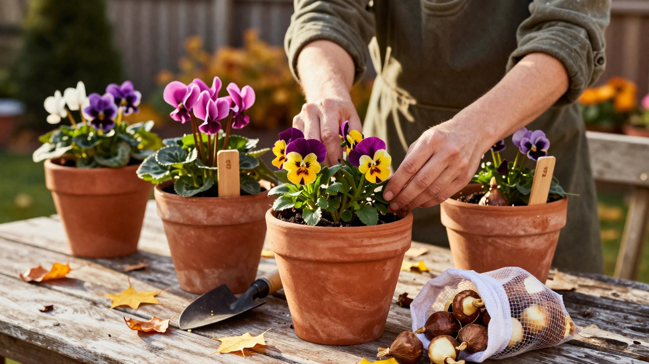 Person arranging colourful pansies in terracotta pots on a wooden table outdoors with gardening tools and bulbs nearby.