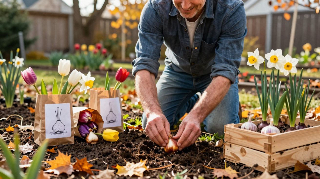 Man planting flower bulbs in garden soil surrounded by tulips, daffodils, and autumn leaves in a backyard.
