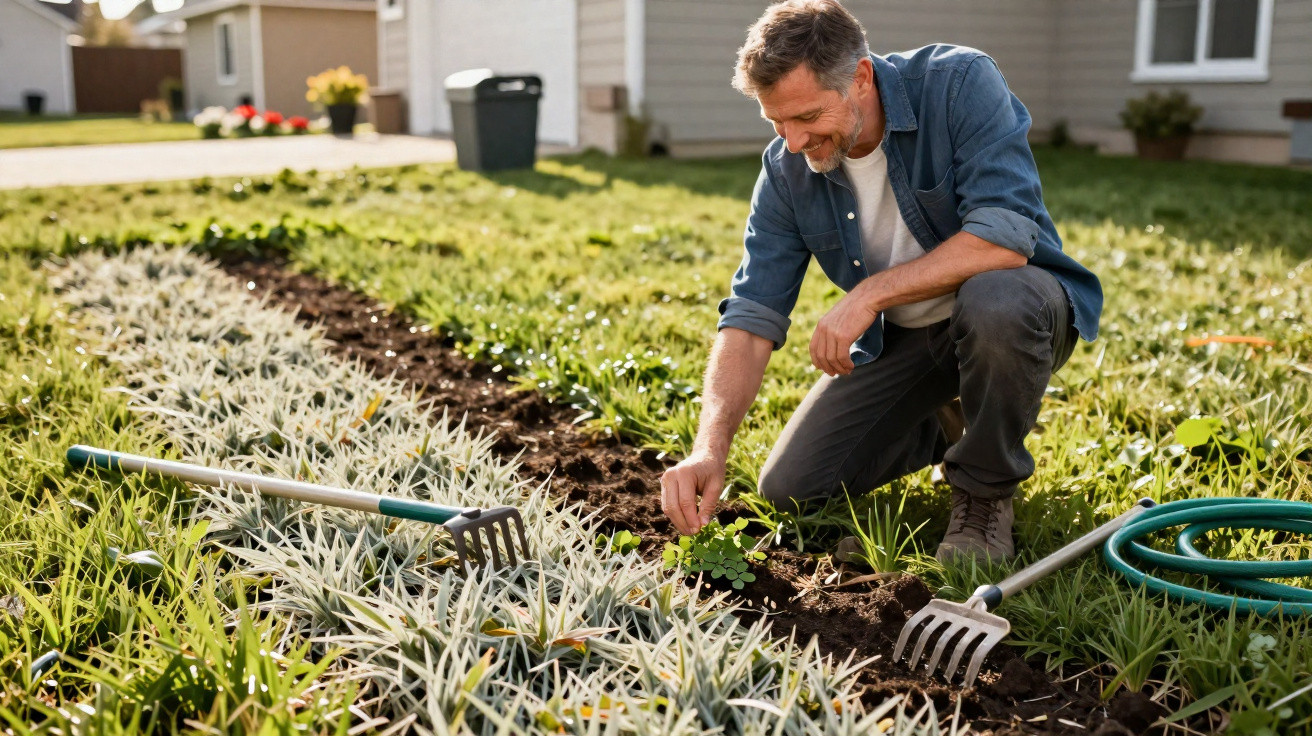Man kneeling and planting greenery in a garden bed with tools and hose nearby on a sunny day.