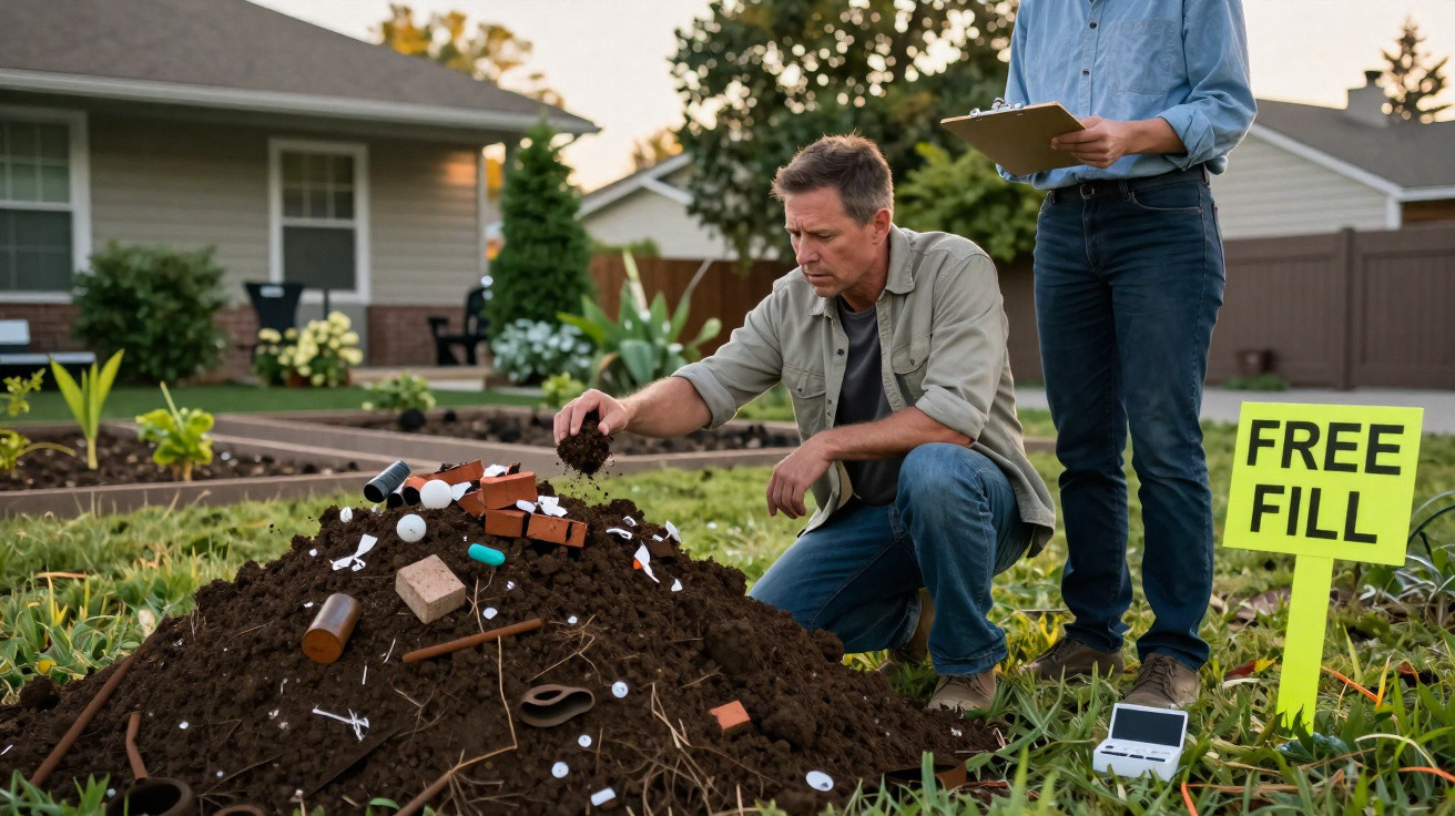 Man examining soil with debris in garden while another person holds clipboard by a sign reading Free Fill.