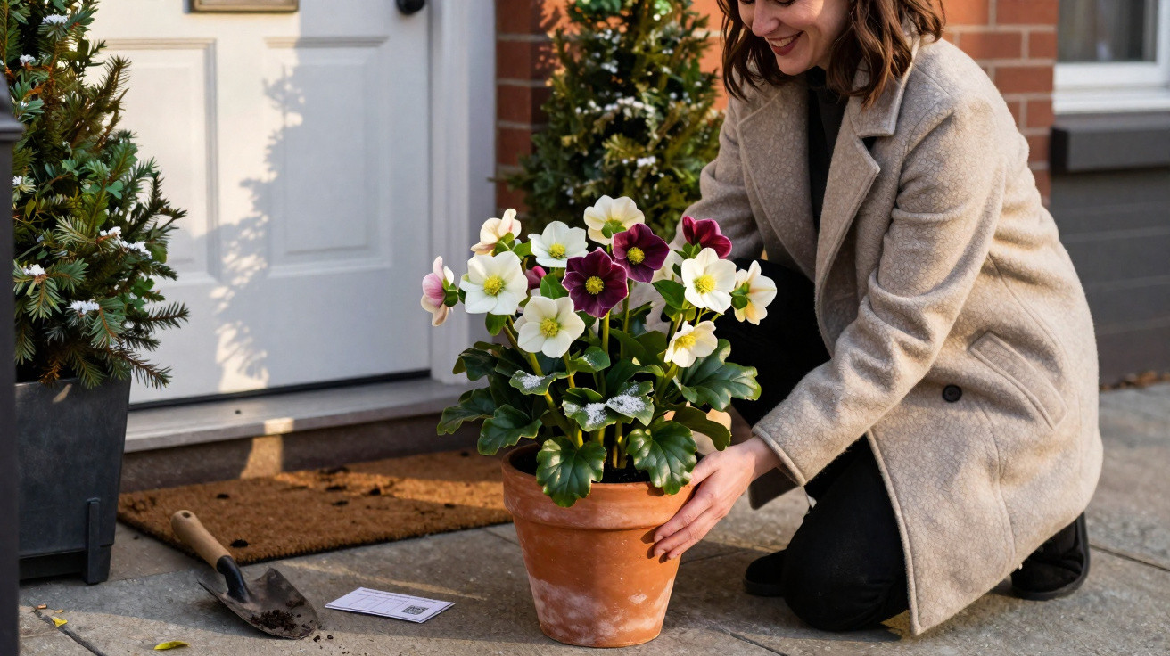 Woman in beige coat planting colourful flowers in a terracotta pot outside a front door on a paved porch.