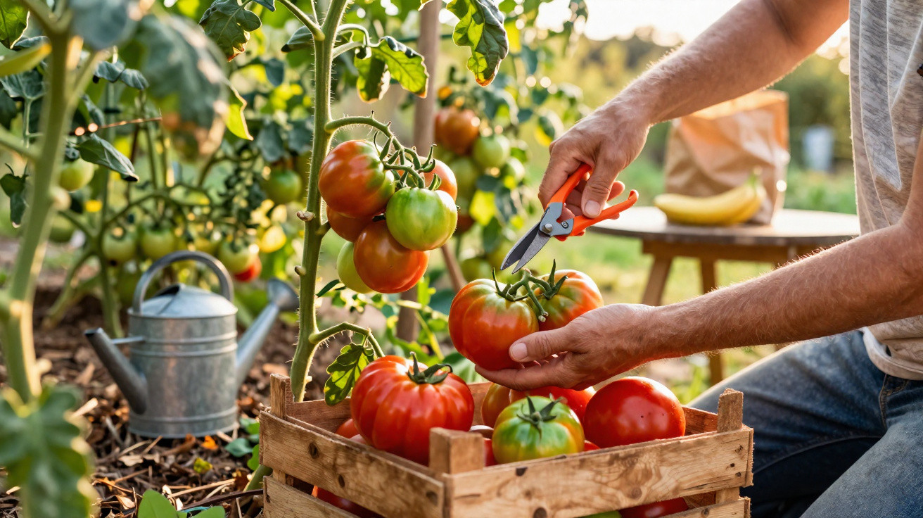 Person harvesting ripe tomatoes from plants into a wooden crate in a garden.
