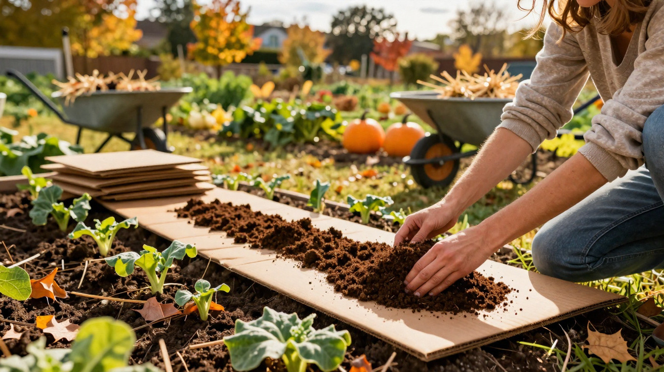 Person spreading soil on cardboard for garden planting with pumpkins and wheelbarrows in background.