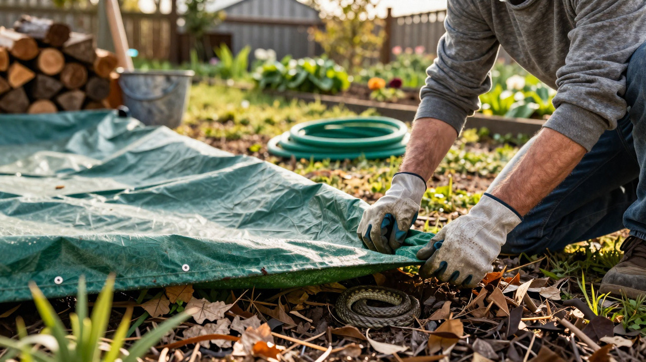 Person in gloves covering garden bed with green tarp, with coiled green hose and logs nearby.