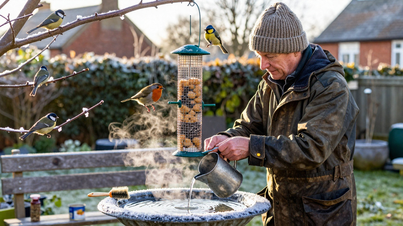 Elderly man in winter clothing filling a birdbath with water while birds feed from a hanging feeder.