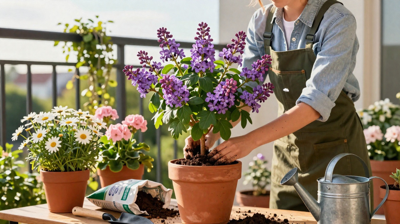 Person repotting a purple flowering plant on a sunny balcony with gardening tools and pots nearby