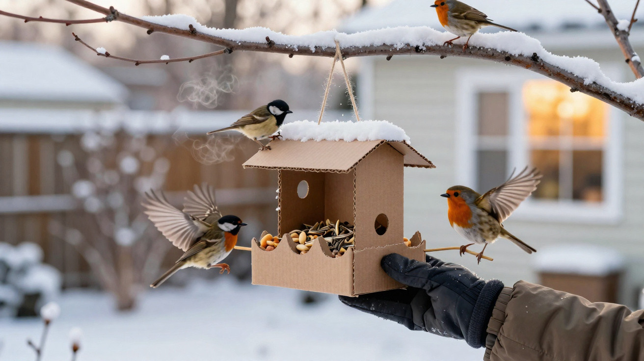 Cardinal and tits feeding from a cardboard bird feeder held by a gloved hand in snowy garden.