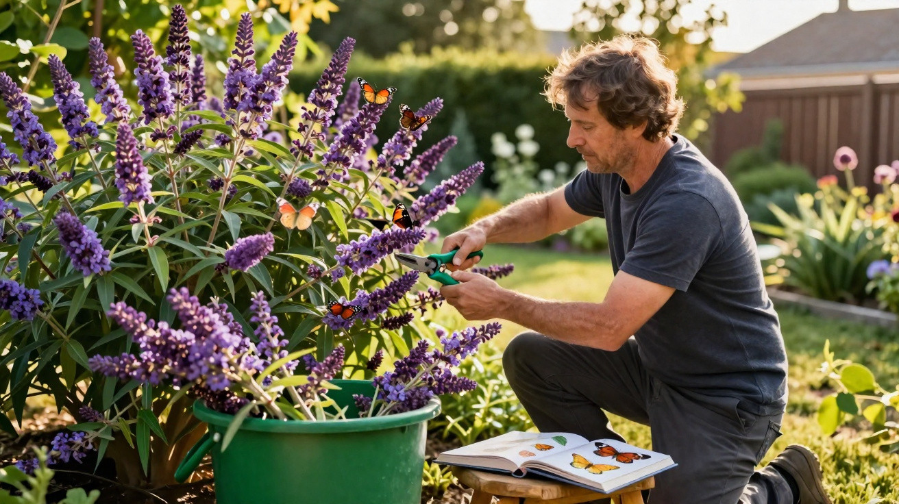 Man pruning purple flowers in garden with butterflies and butterfly guidebook on stool nearby