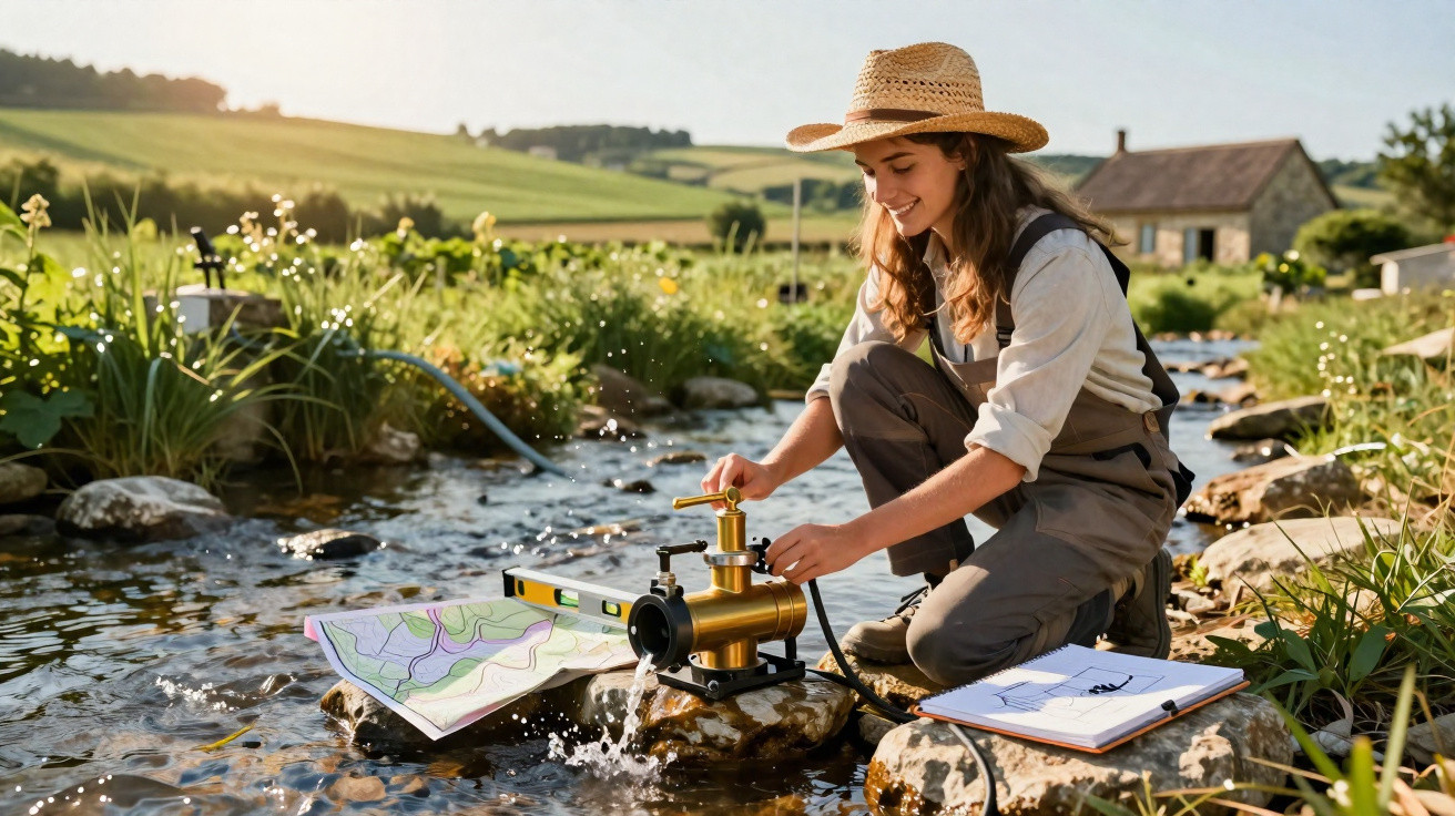 Woman in overalls and straw hat using water pump in stream with maps and clipboard on rocks in countryside.